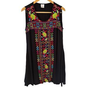 Embroidered Mexican Women Midi Dress Colorful Sleeveless Black L Bohemian Floral